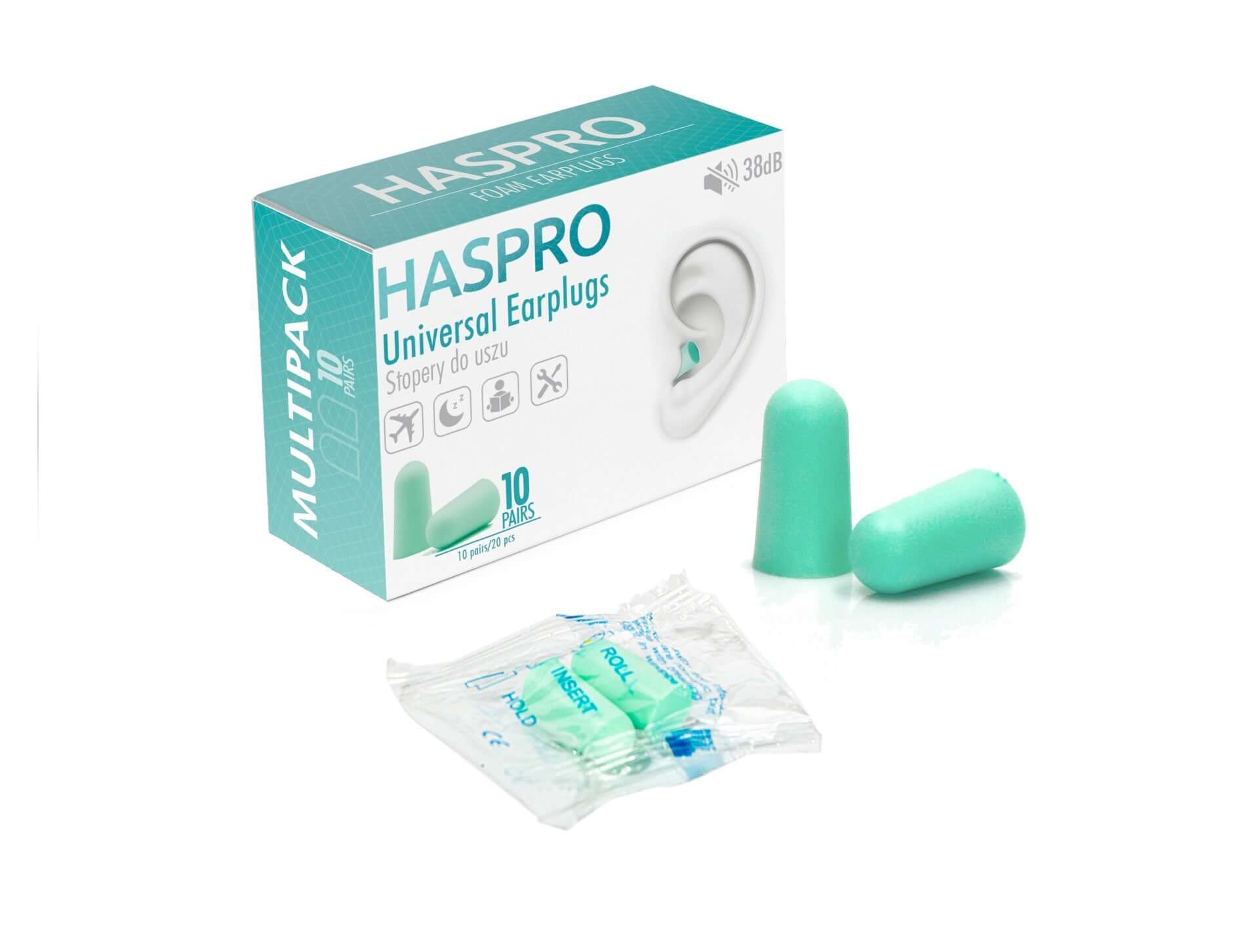 HASPRO MULTI10 foam earplugs in mint color, pack of 10 pairs with 38 dB noise reduction for ultimate comfort.
