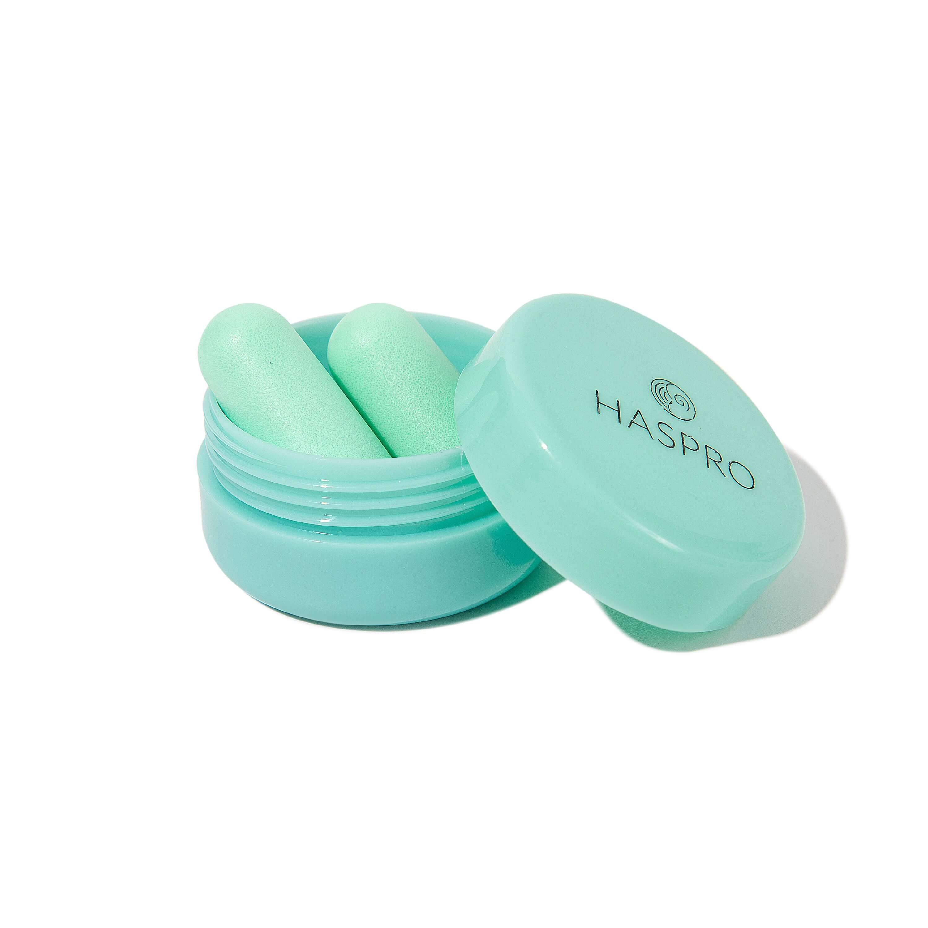 HASPRO mint earplugs in a pocket-sized case, offering 38 dB noise reduction for comfortable sleep.