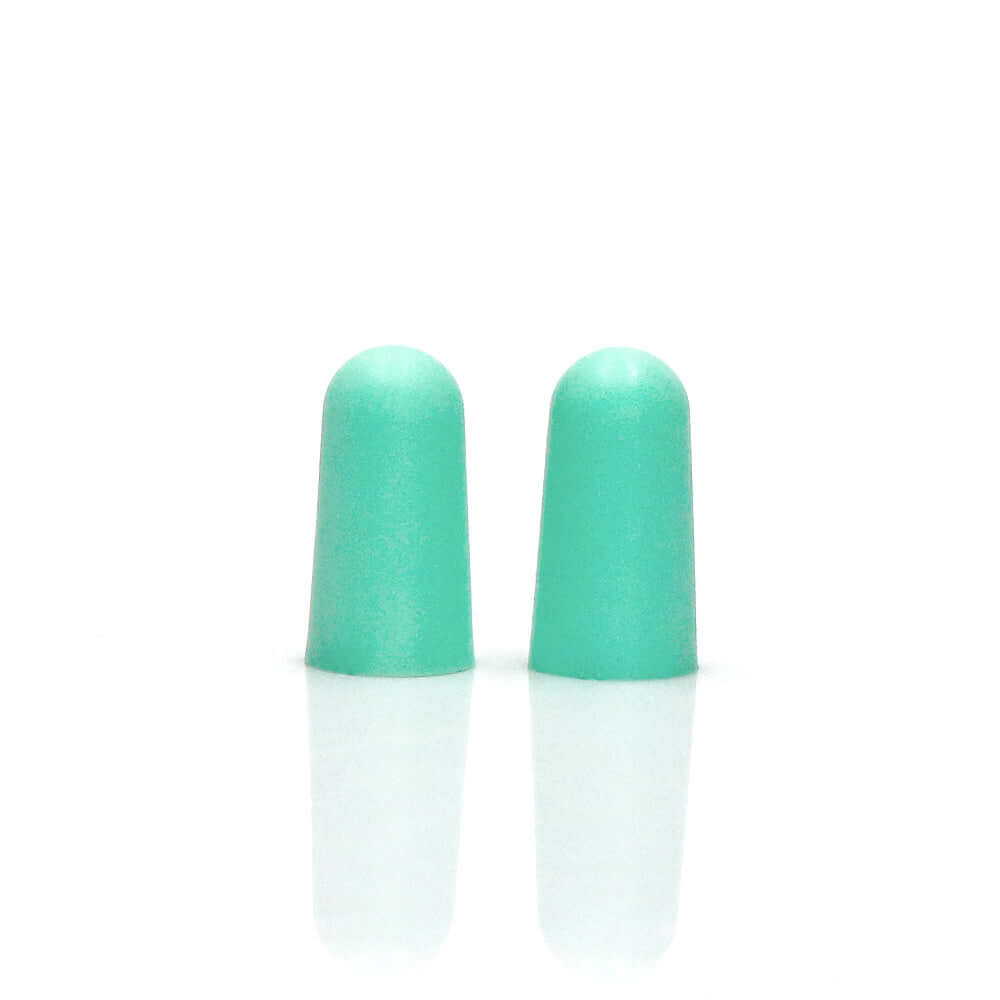 Soft mint green foam earplugs designed for high noise reduction and comfort, ideal for users with small ear canals.