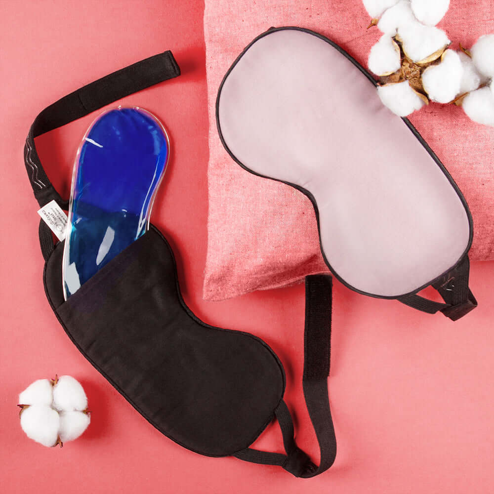 Quietstore organic cotton sleep mask with gel bag, non-slip strap, and cotton details for restful sleep.