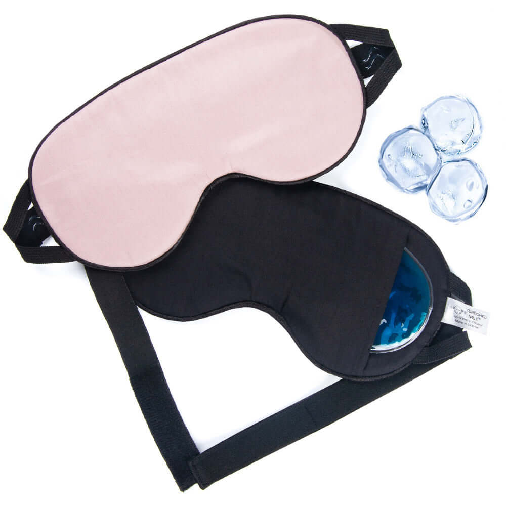 Quietstore organic cotton sleep mask with gel bag, non-slip strap, and light-blocking design for restful sleep.