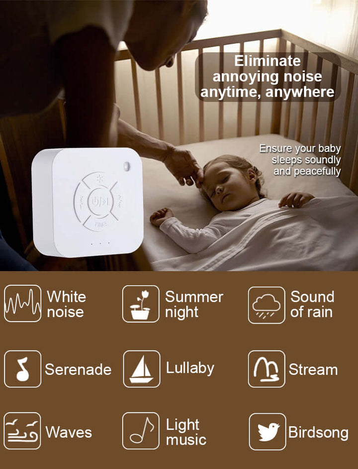 Portable white noise sound machine Q1 near sleeping infant, promoting relaxation and peaceful sleep.