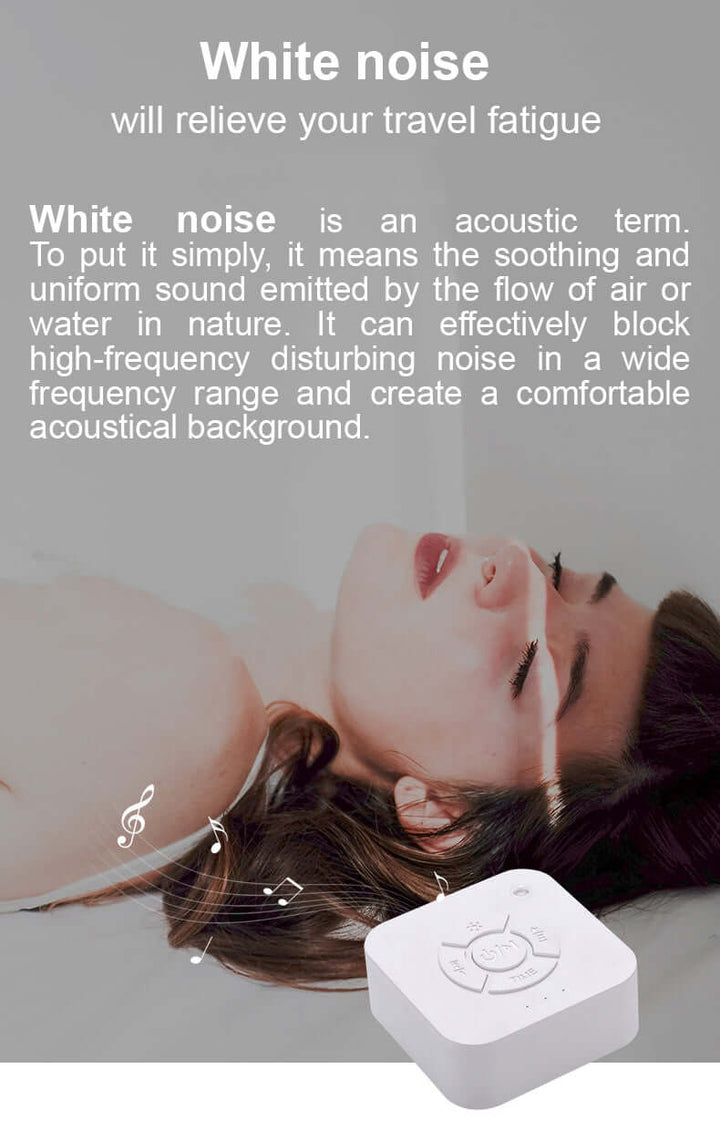 Portable white noise sound machine promoting relaxation and sleep, ideal for travel and calming infants.