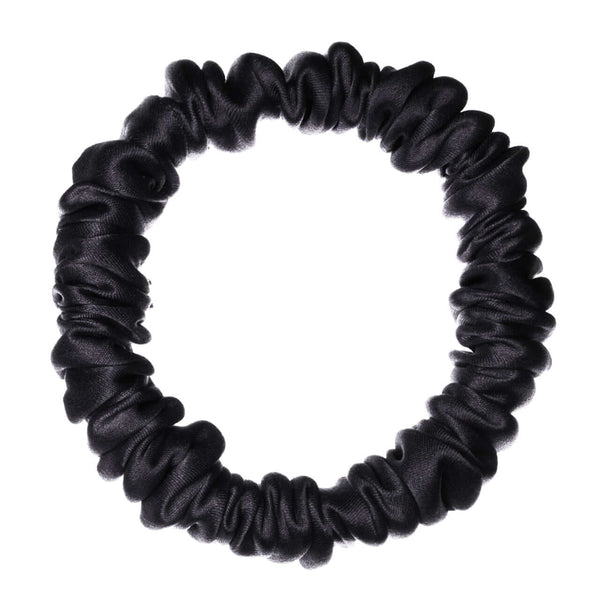 Pure Mulberry silk scrunchie in black, high elasticity, gentle on hair, perfect for various hairstyles.