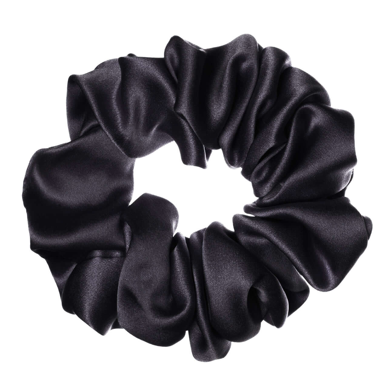 Pure mulberry silk scrunchie in black, featuring high elasticity and a smooth finish for all hairstyles.