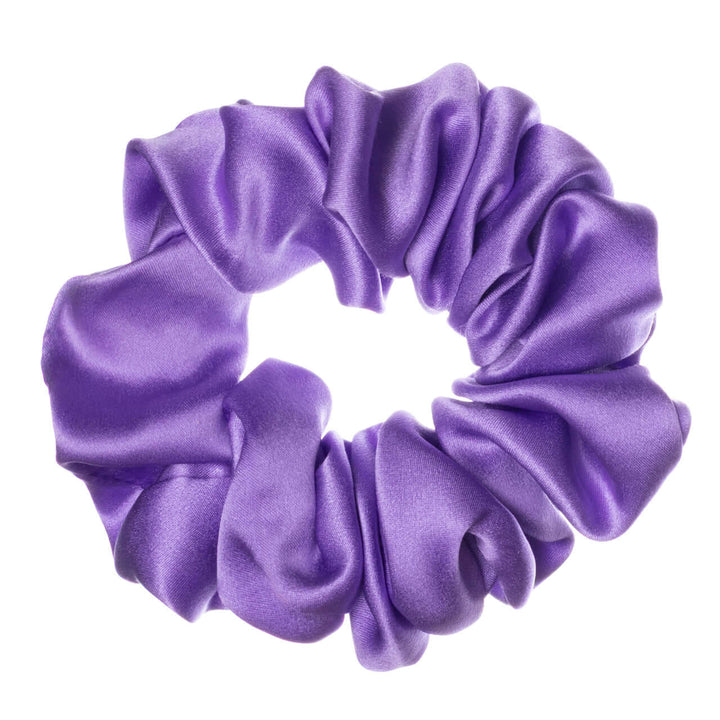 Pure mulberry silk scrunchie in purple, featuring high elasticity and smooth texture, perfect for various hairstyles.