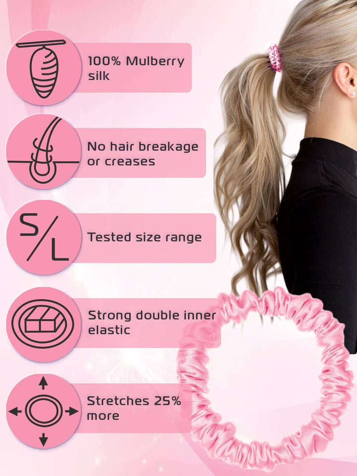 Pure Mulberry silk scrunchie features: no hair breakage, strong double elastic, stretches 25%, tested size range, ideal for styling.