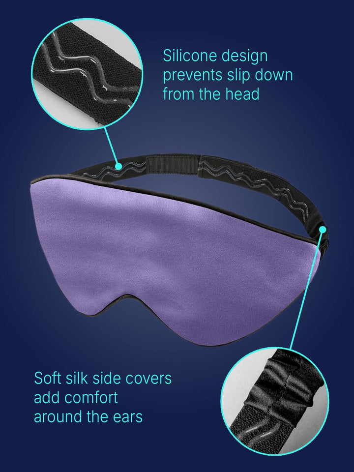 Quietstore silk sleep mask with non-slip silicone strap and soft silk sides for comfort around the ears.
