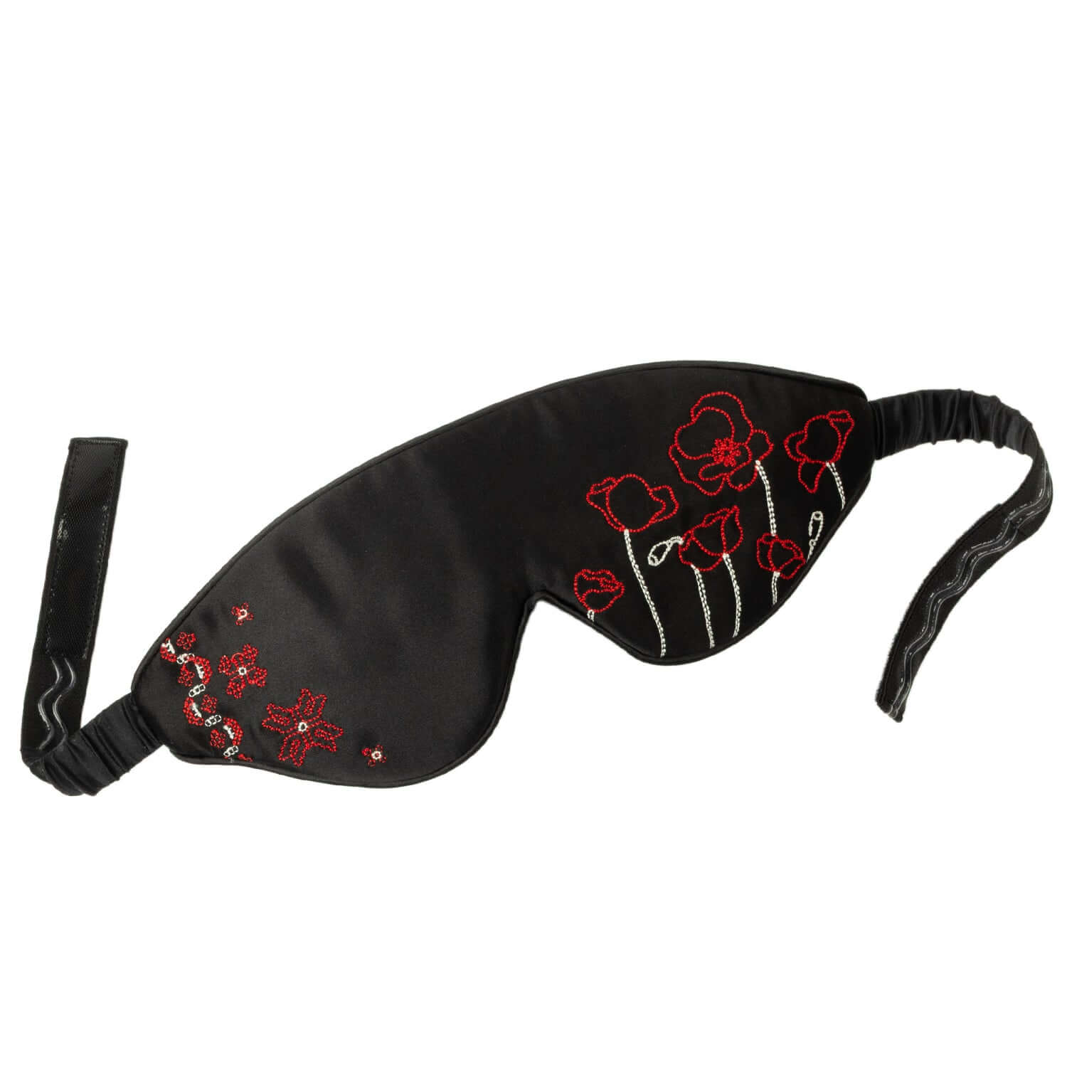 Quietstore 3.1 silk sleep mask with Ukrainian embroidery, featuring red floral design on a black background.