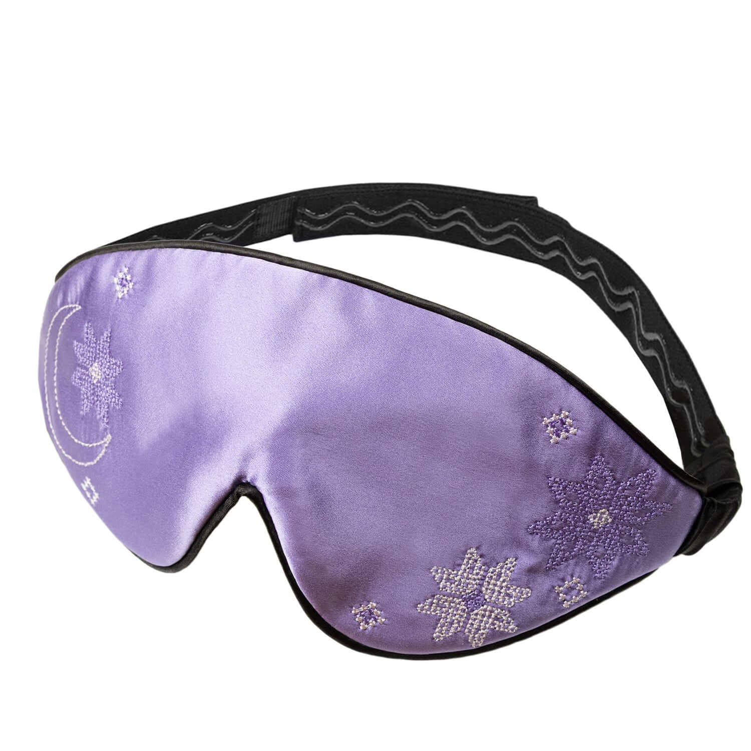 Quietstore 3.1 silk sleep mask with Ukrainian embroidery, made from natural Mulberry silk in purple.