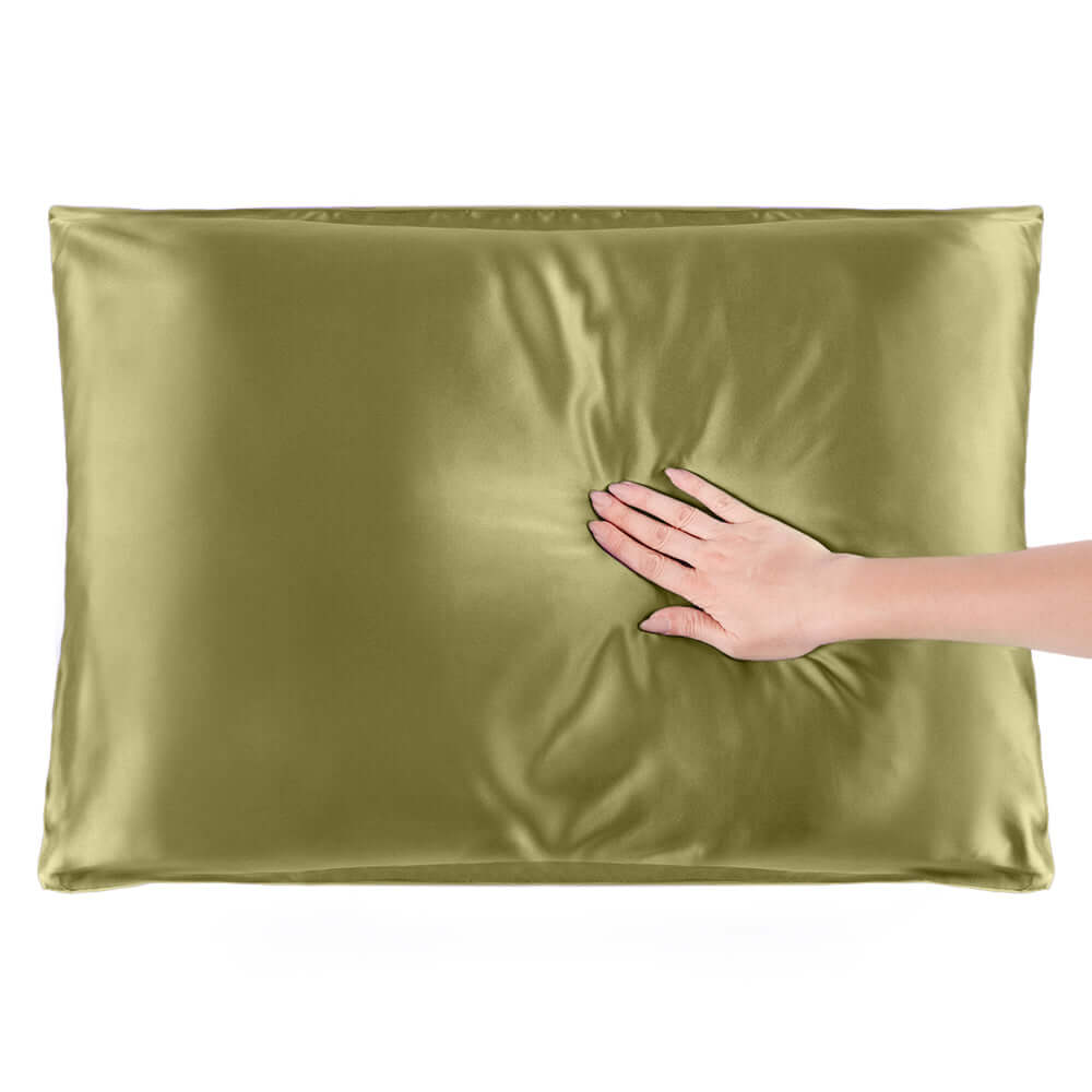 Quietstore mulberry silk pillowcase in olive green, promoting hair and skin health, 20x26 inches.