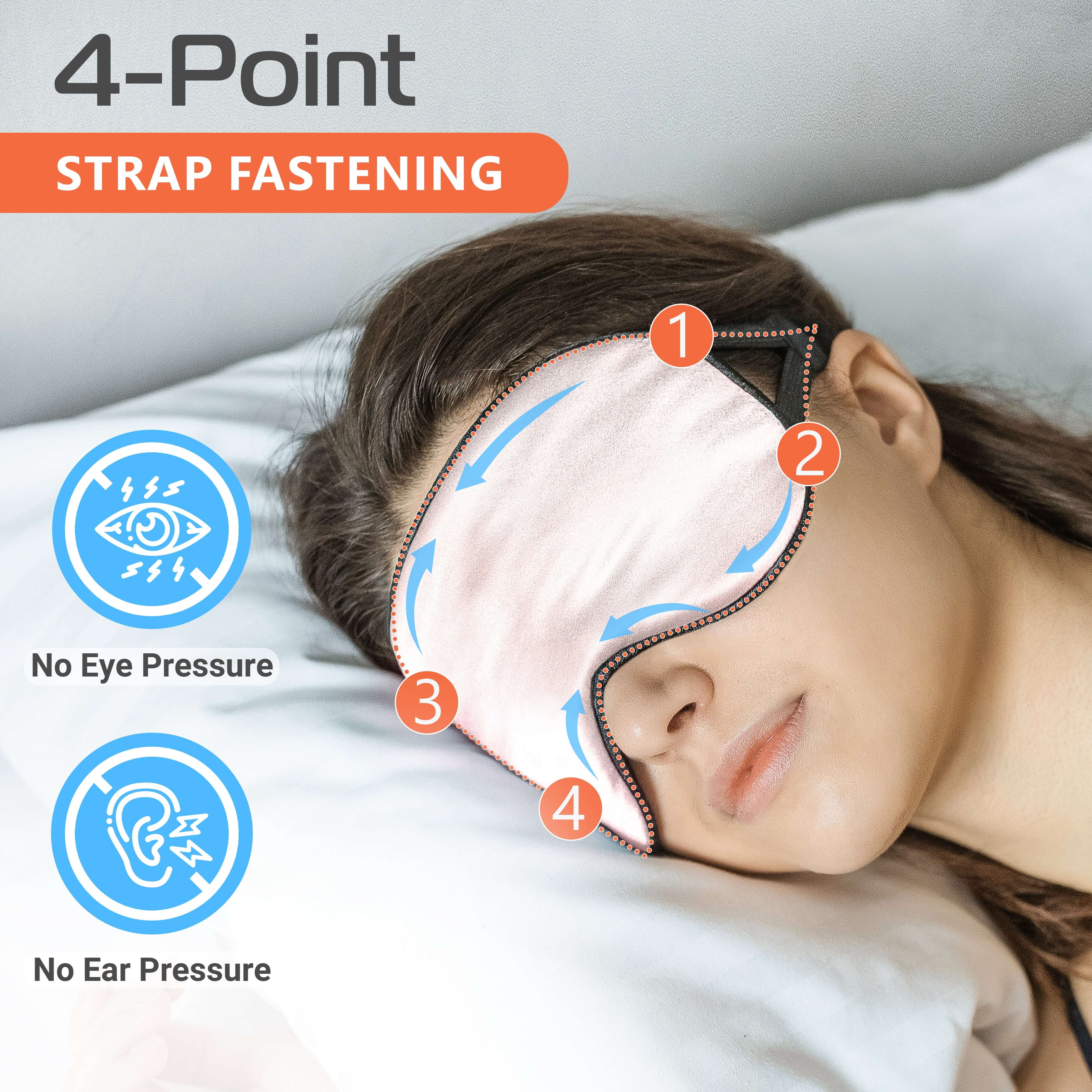 Woman wearing a Quietstore silk sleep mask with a 4-point strap system for comfort and no pressure on eyes or ears.