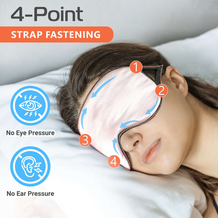 Woman wearing a Quietstore silk sleep mask with a 4-point strap system for comfort and no pressure on eyes or ears.
