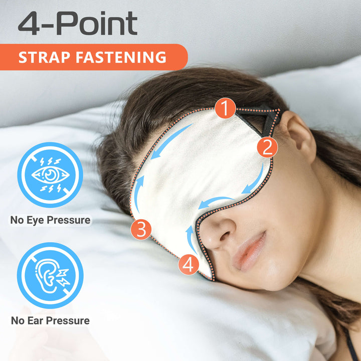 4-point strap fastening silk sleep mask, designed for no eye or ear pressure for optimal comfort.