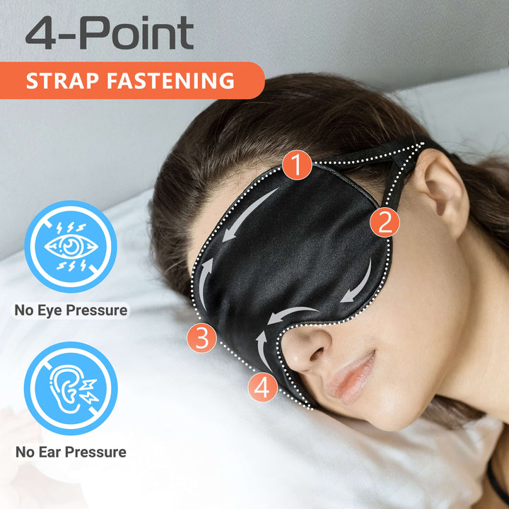 Woman wearing Quietstore silk sleep mask demonstrating 4-point strap system for no eye and ear pressure.