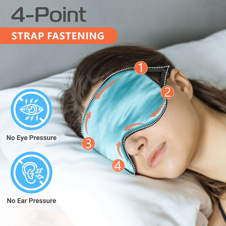 Woman wearing Quietstore silk sleep mask demonstrating 4-point strap fastening design, ensuring no eye or ear pressure.