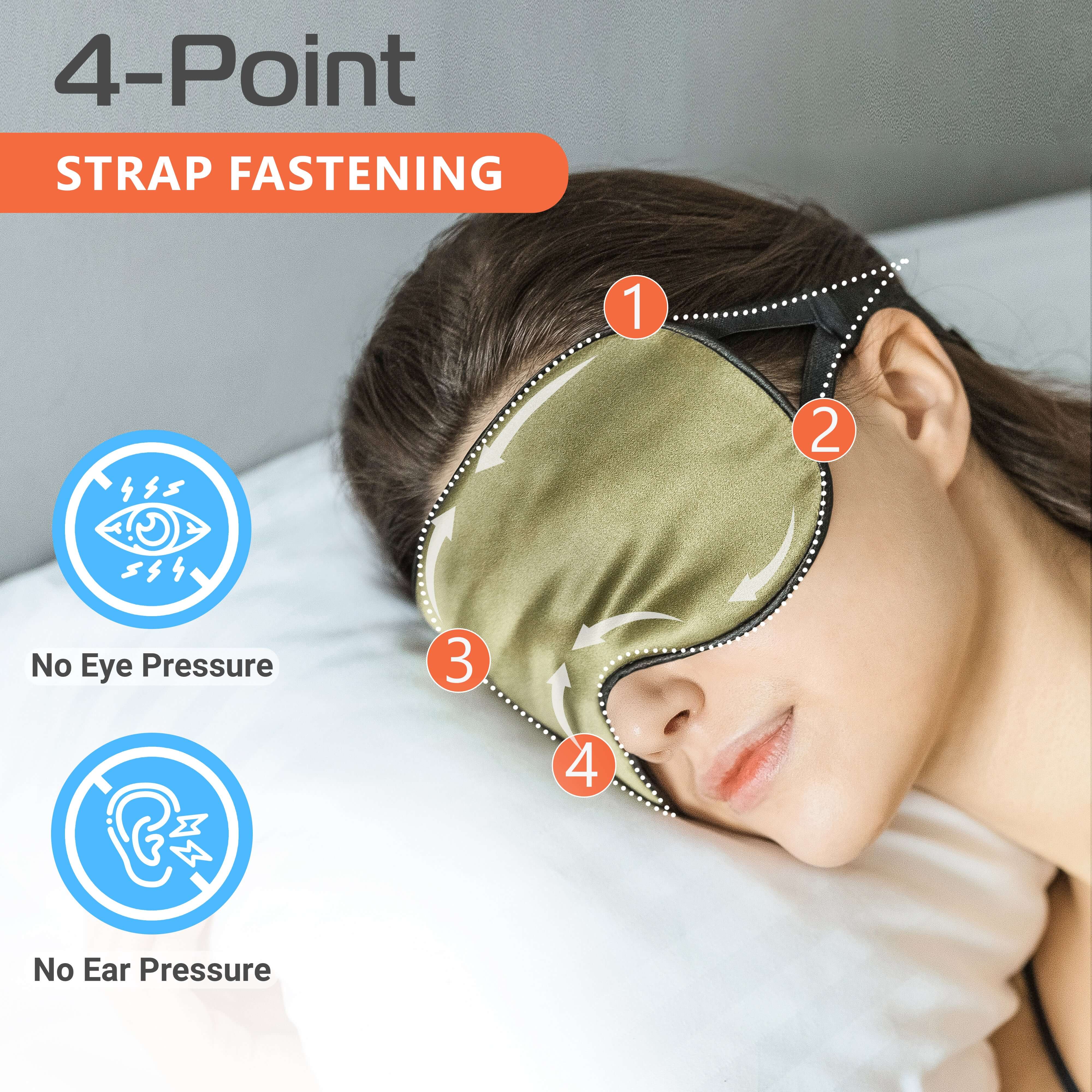 Woman wearing Quietstore silk sleep mask with 4-point strap system, designed for no eye or ear pressure.