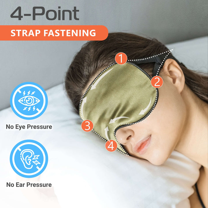 Woman wearing Quietstore silk sleep mask with 4-point strap system, designed for no eye or ear pressure.