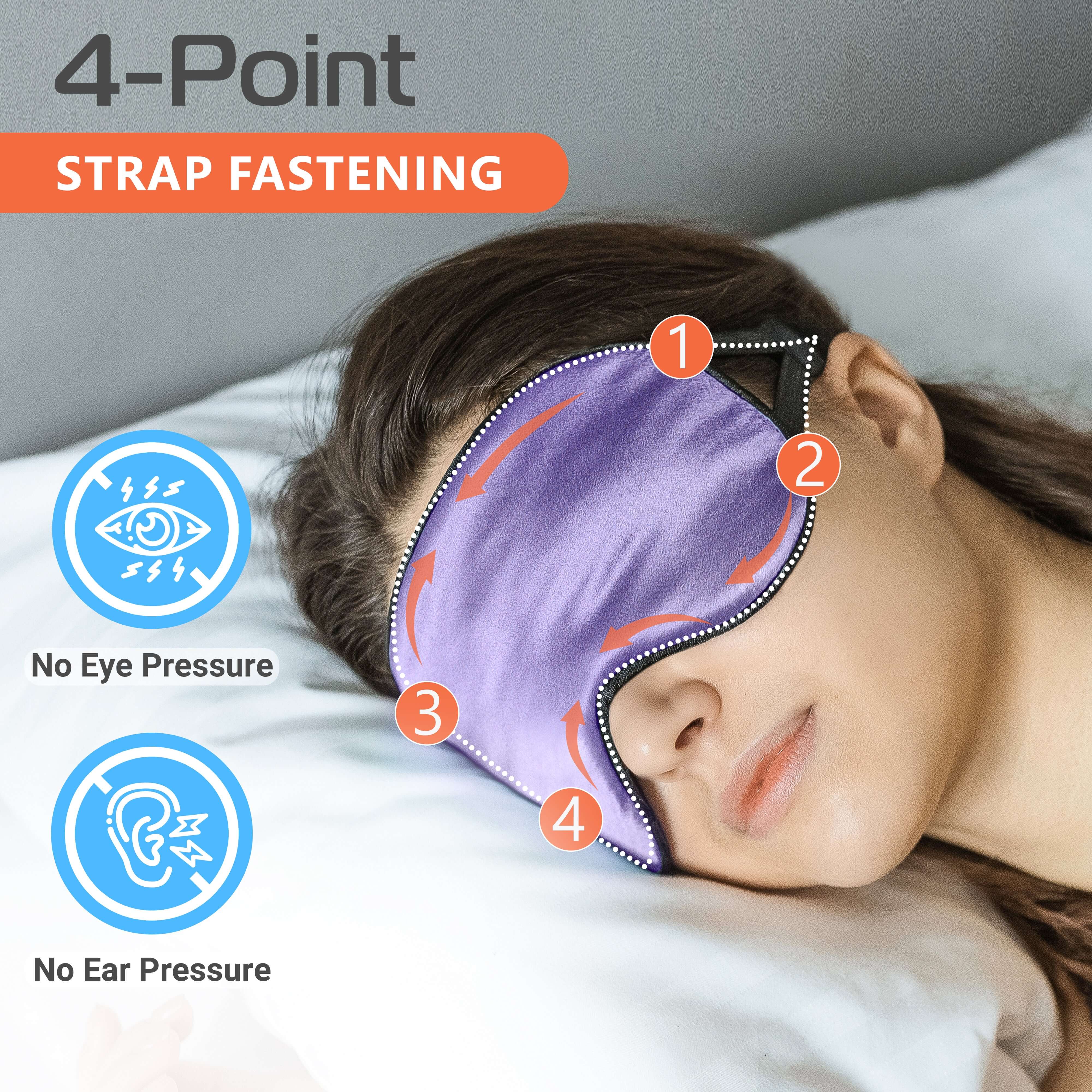 Woman wearing a purple silk sleep mask with a 4-point strap for no eye or ear pressure, promoting deep sleep.