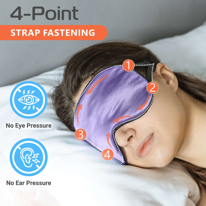 Woman wearing a purple silk sleep mask with a 4-point strap for no eye or ear pressure, promoting deep sleep.