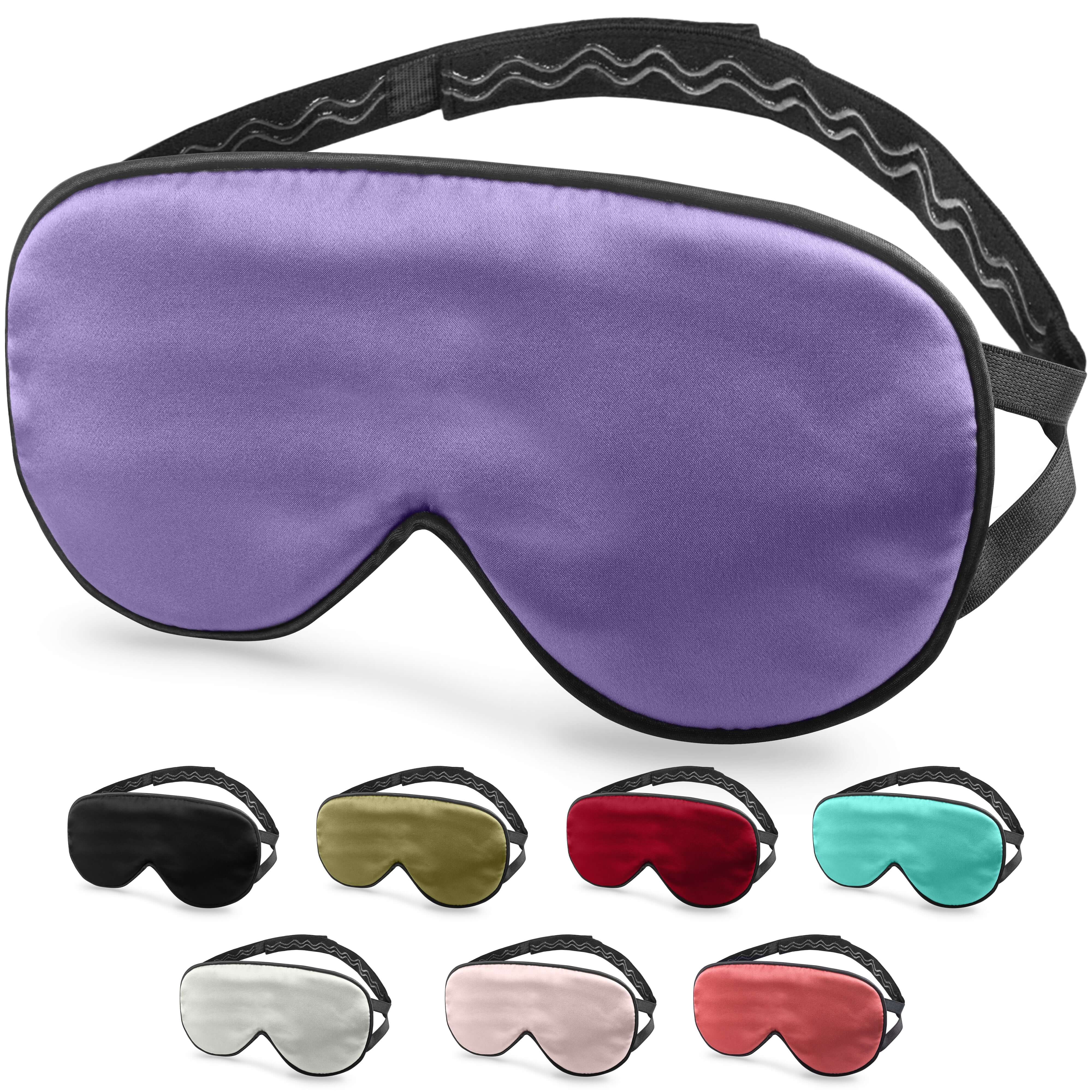 Quietstore non-slip silk sleep mask in various colors for men and women, promoting deep REM sleep and total darkness.