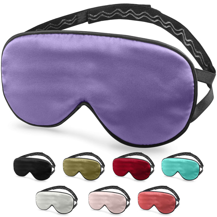 Quietstore non-slip silk sleep mask in various colors for men and women, promoting deep REM sleep and total darkness.