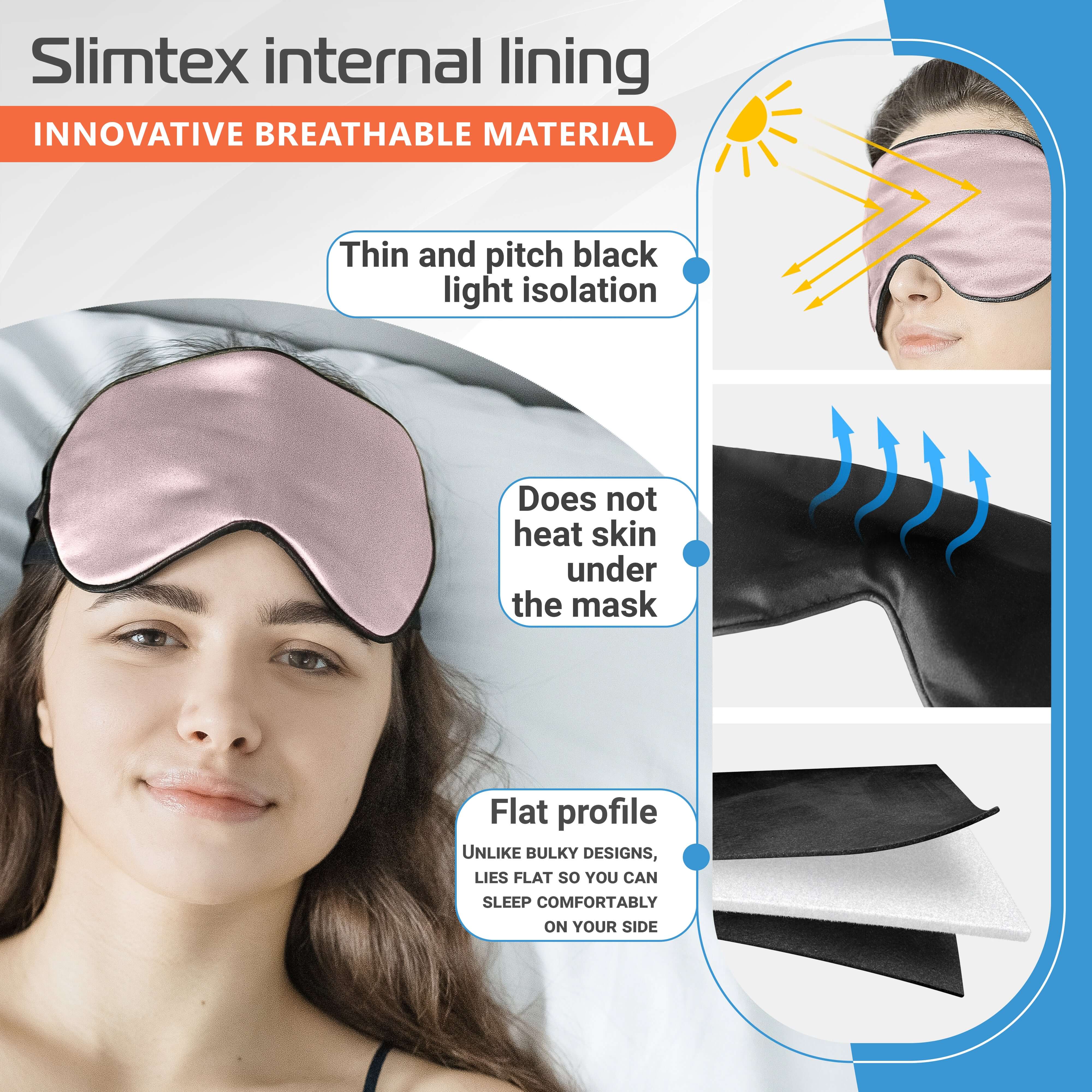 Slimtex breathable sleep mask with light isolation, flat profile, and comfortable fit for restful sleep.