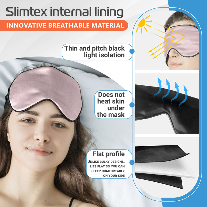 Slimtex breathable sleep mask with light isolation, flat profile, and comfortable fit for restful sleep.