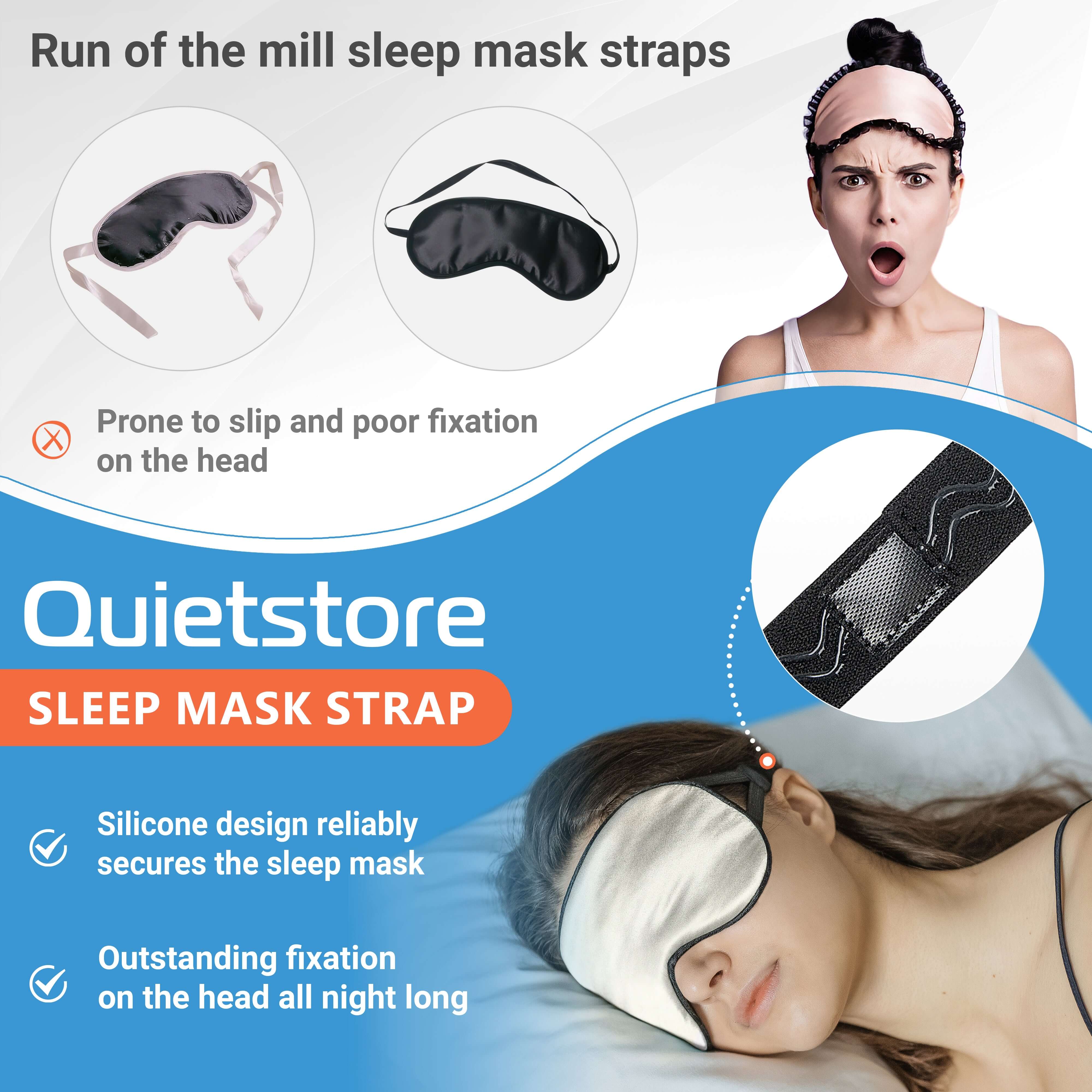 Comparison of typical sleep mask straps vs. Quietstore's silicone sleep mask strap for secure fit and comfort.