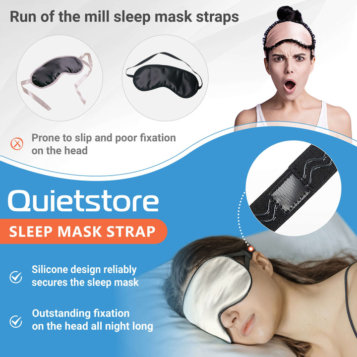 Comparison of typical sleep mask straps vs. Quietstore's silicone sleep mask strap for secure fit and comfort.