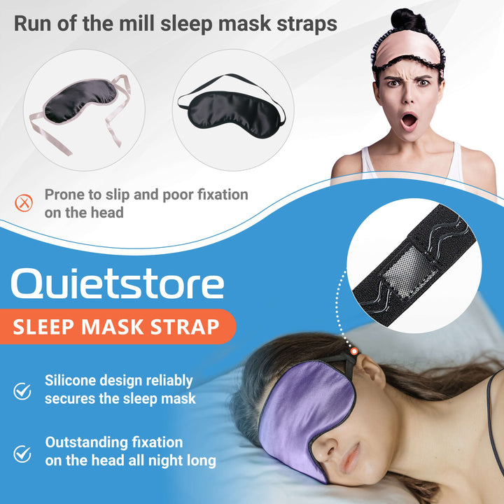 Quietstore sleep mask strap showcasing secure silicone design for all-night comfort and fixation.