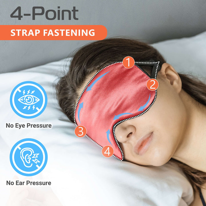 Quietstore silk sleep mask with 4-point strap system reducing eye and ear pressure for better sleep.