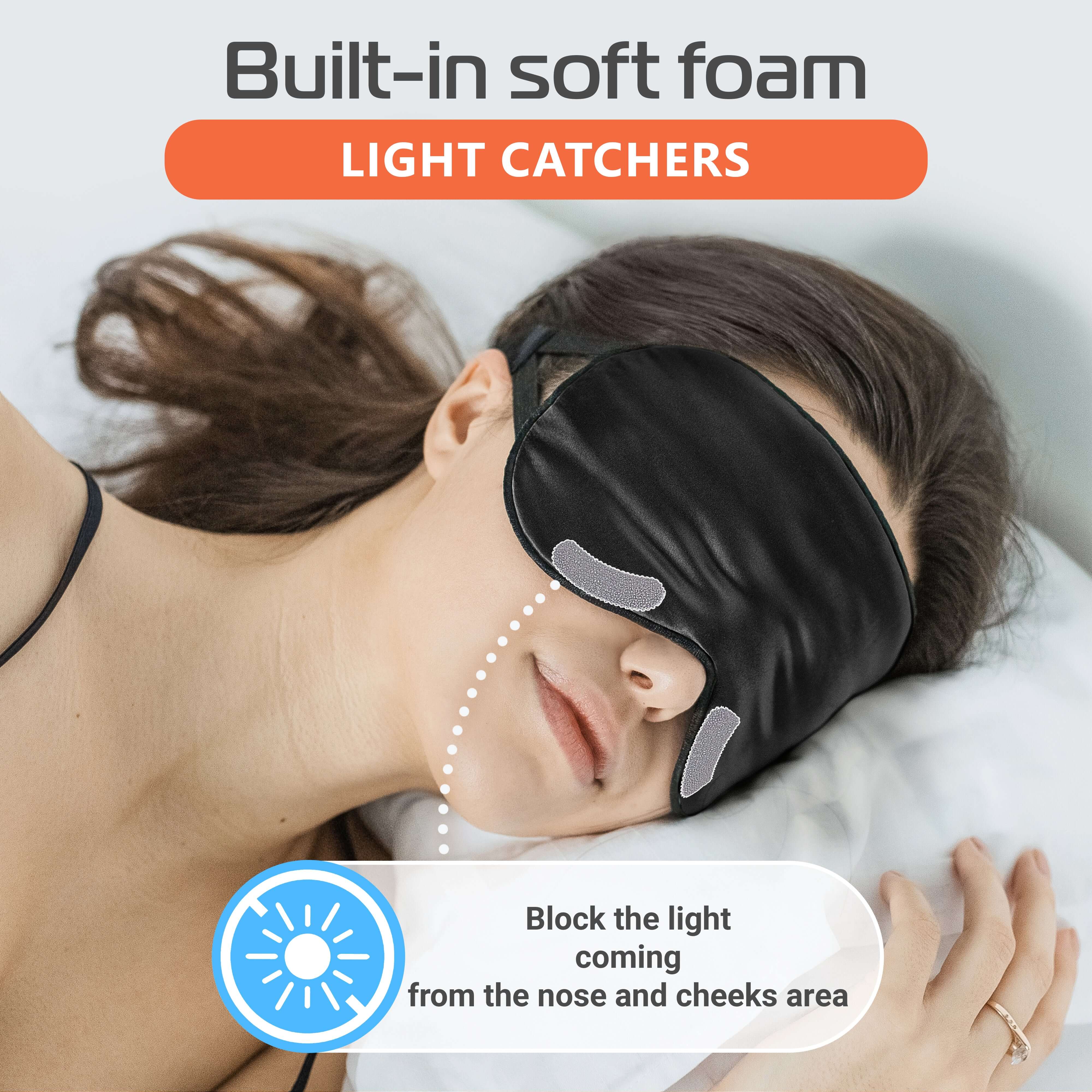 Quietstore silk sleep mask with soft foam light catchers blocking light from the nose and cheeks for better sleep.