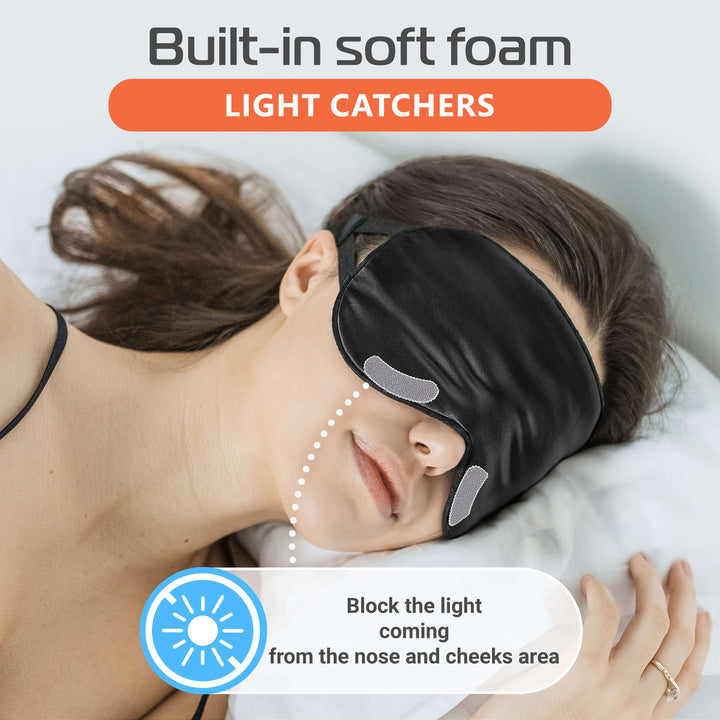 Quietstore silk sleep mask with soft foam light catchers blocking light from the nose and cheeks for better sleep.