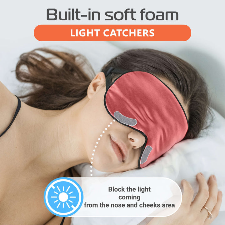 Quietstore silk sleep mask featuring built-in soft foam light catchers for blocking light effectively.