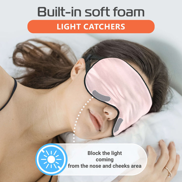 Silk sleep mask features soft foam light catchers to block light from the nose and cheeks for peaceful sleep.
