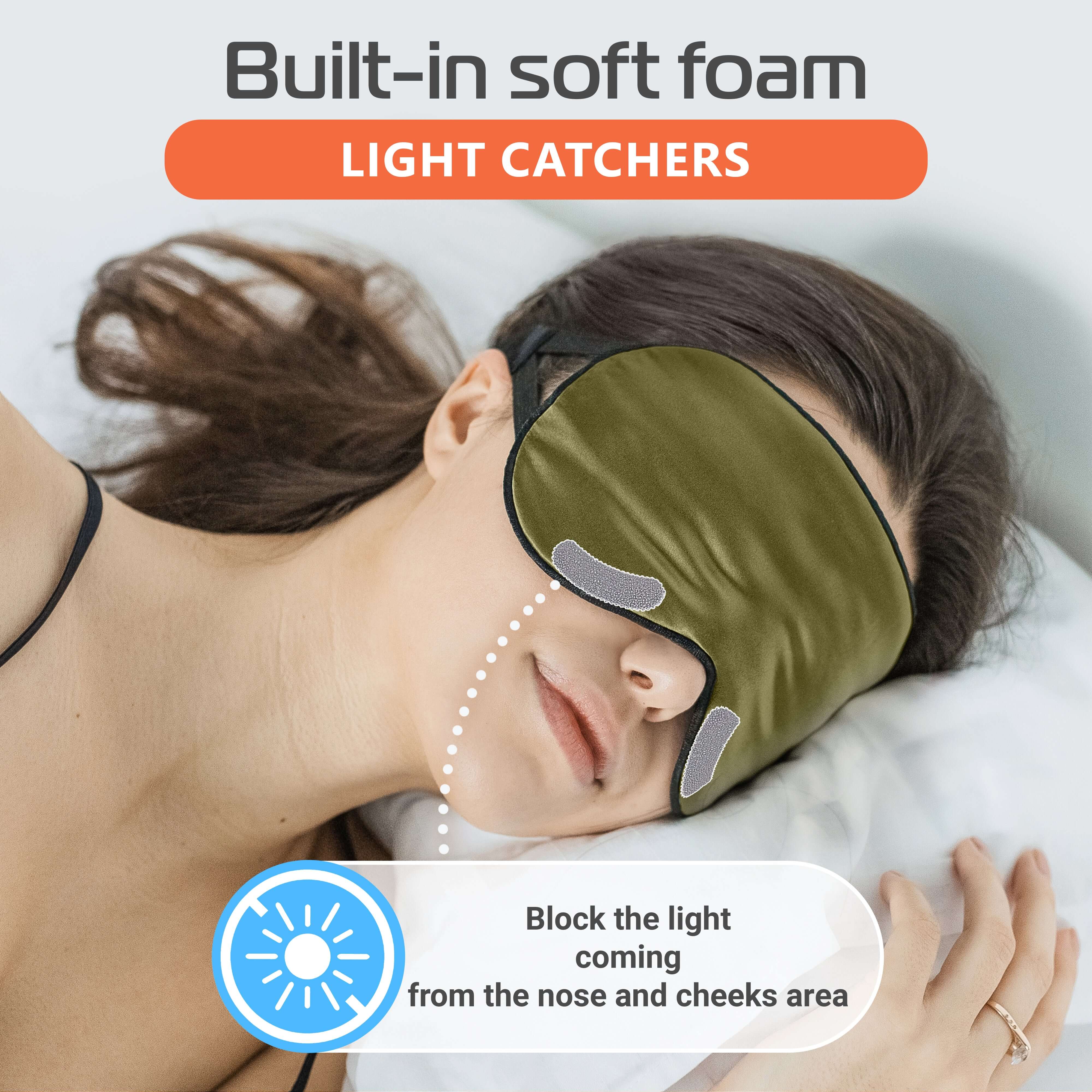 Quietstore silk sleep mask with built-in soft foam light catchers blocking light for enhanced sleep.