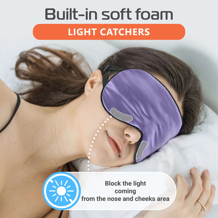 Quietstore silk sleep mask featuring built-in soft foam light catchers to block light from the nose and cheeks.