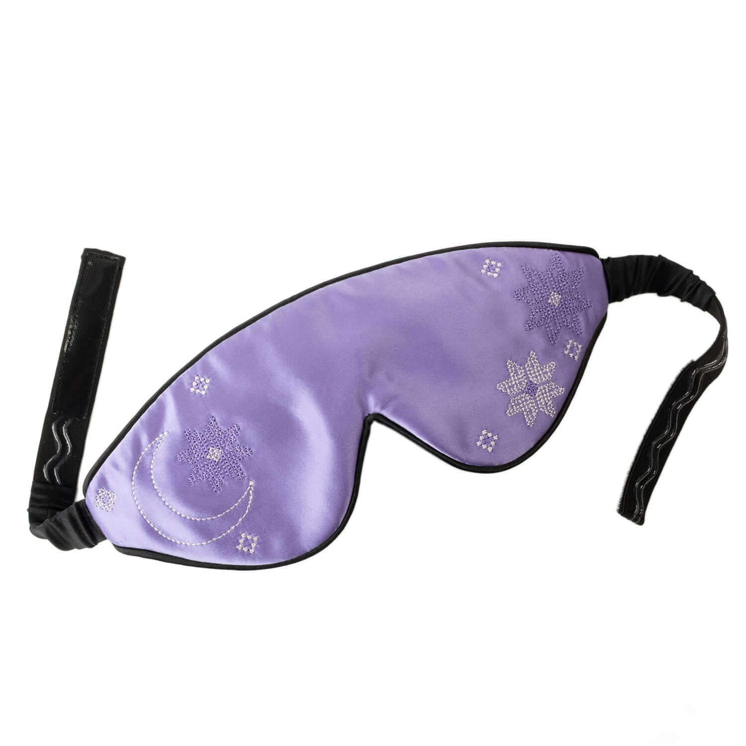 Quietstore 3.1 Silk Sleep Mask in purple with Ukrainian embroidery, designed for comfort and adjustable fit.