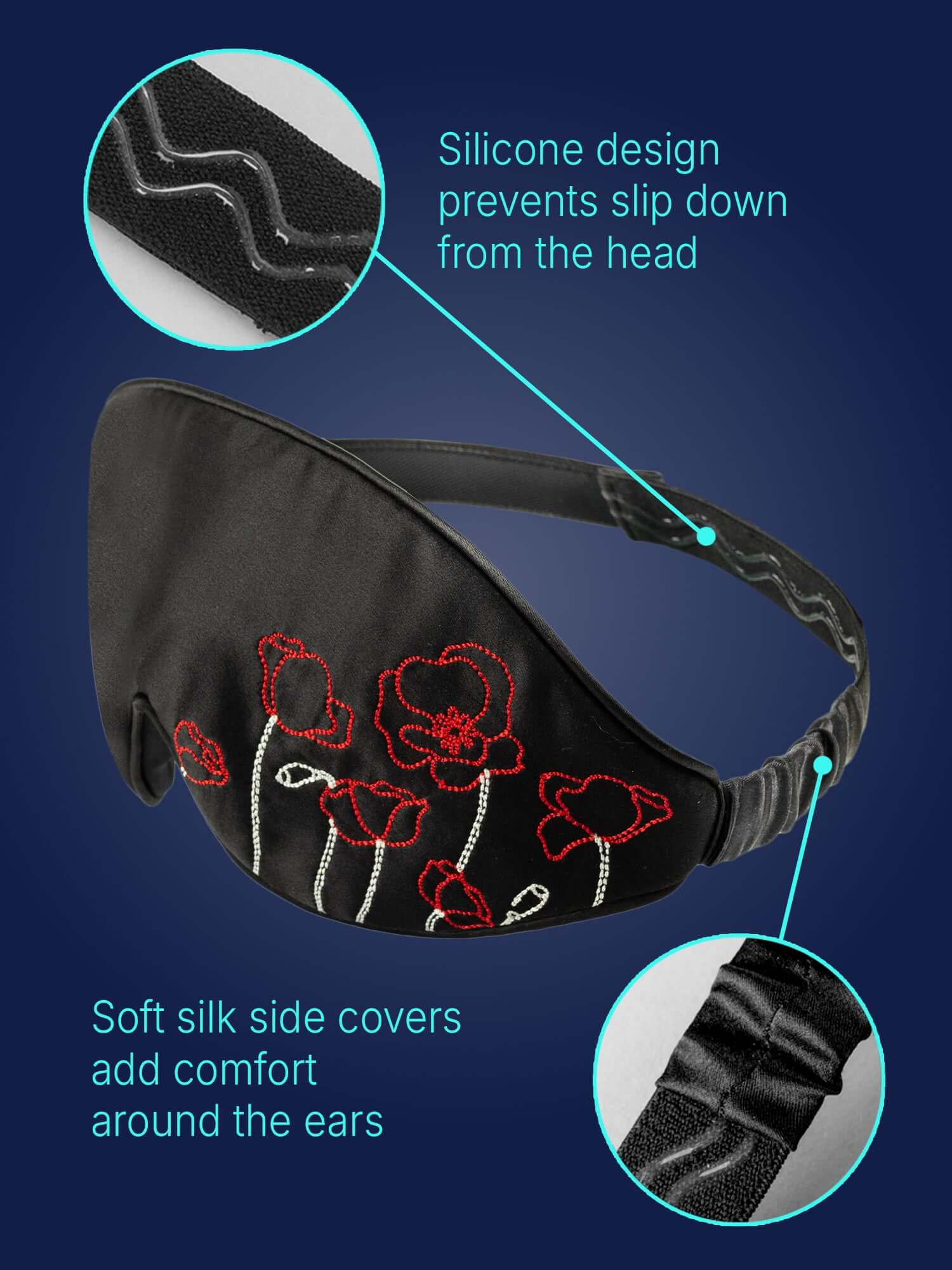 Silk sleep mask with silicone design to prevent slipping and soft silk sides for ear comfort, featuring floral embroidery.