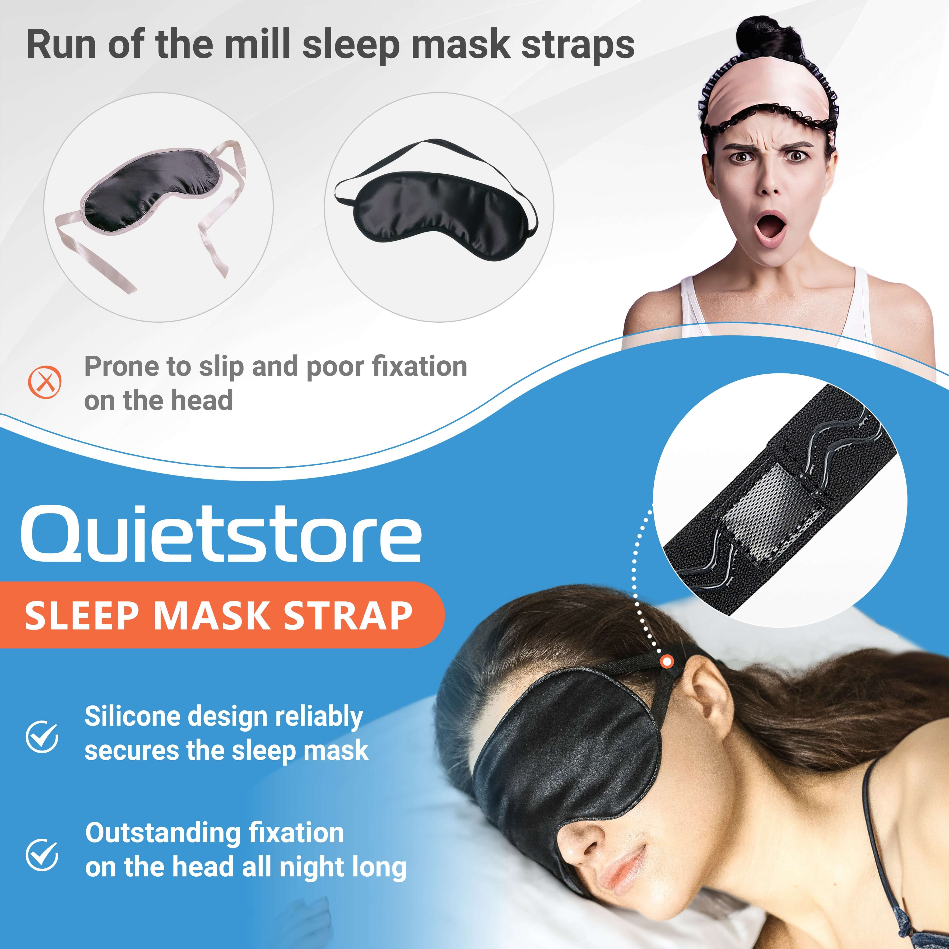 Quietstore sleep mask strap features silicone design for secure fit and comfort, enhancing sleep quality for all users.