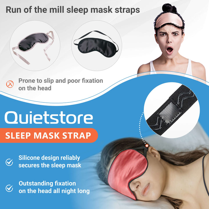 Quietstore sleep mask with silicone strap, secure fit for deep sleep, unlike regular masks that slip.