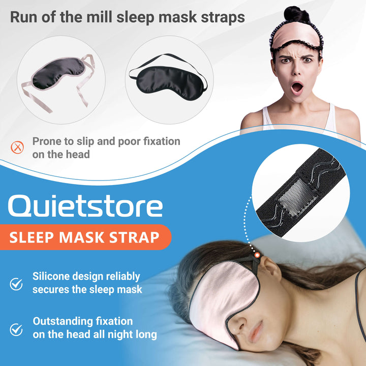 Comparison of standard sleep mask straps vs Quietstore non-slip silicone strap for secure fit.