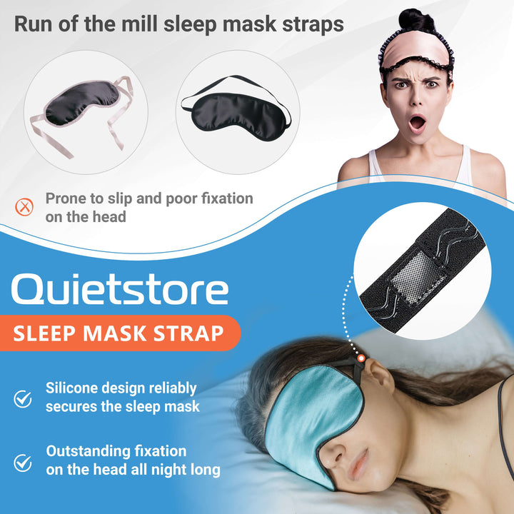 Quietstore sleep mask straps with silicone design for secure fit, preventing slipping during sleep.