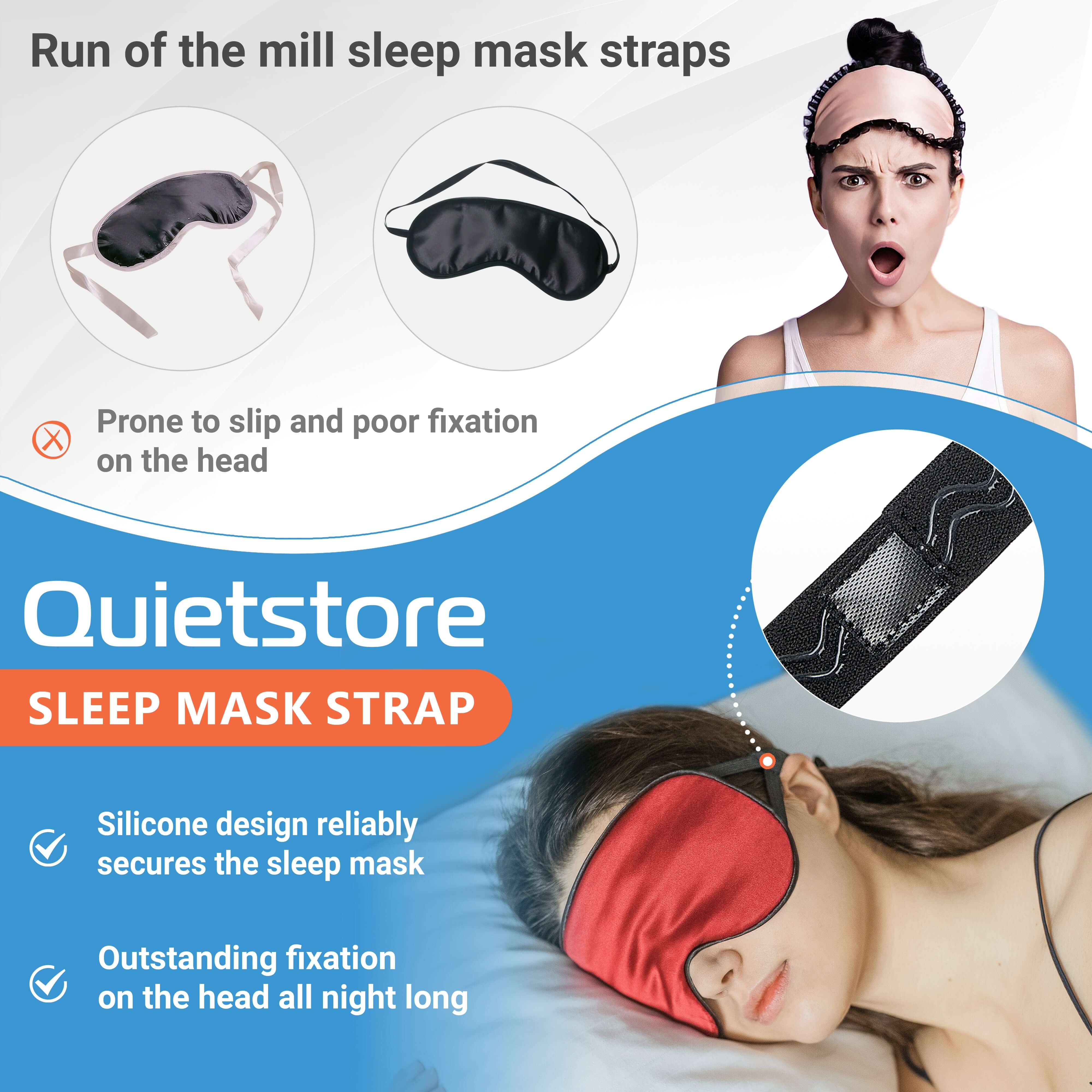 Comparison of Quietstore sleep mask strap with other standard straps, showcasing superior non-slip design.