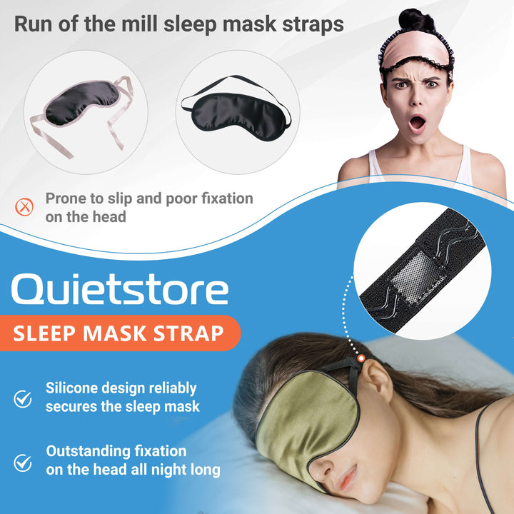 Comparison of sleep mask straps: Quietstore silicone strap vs. traditional slipping straps for better sleep.