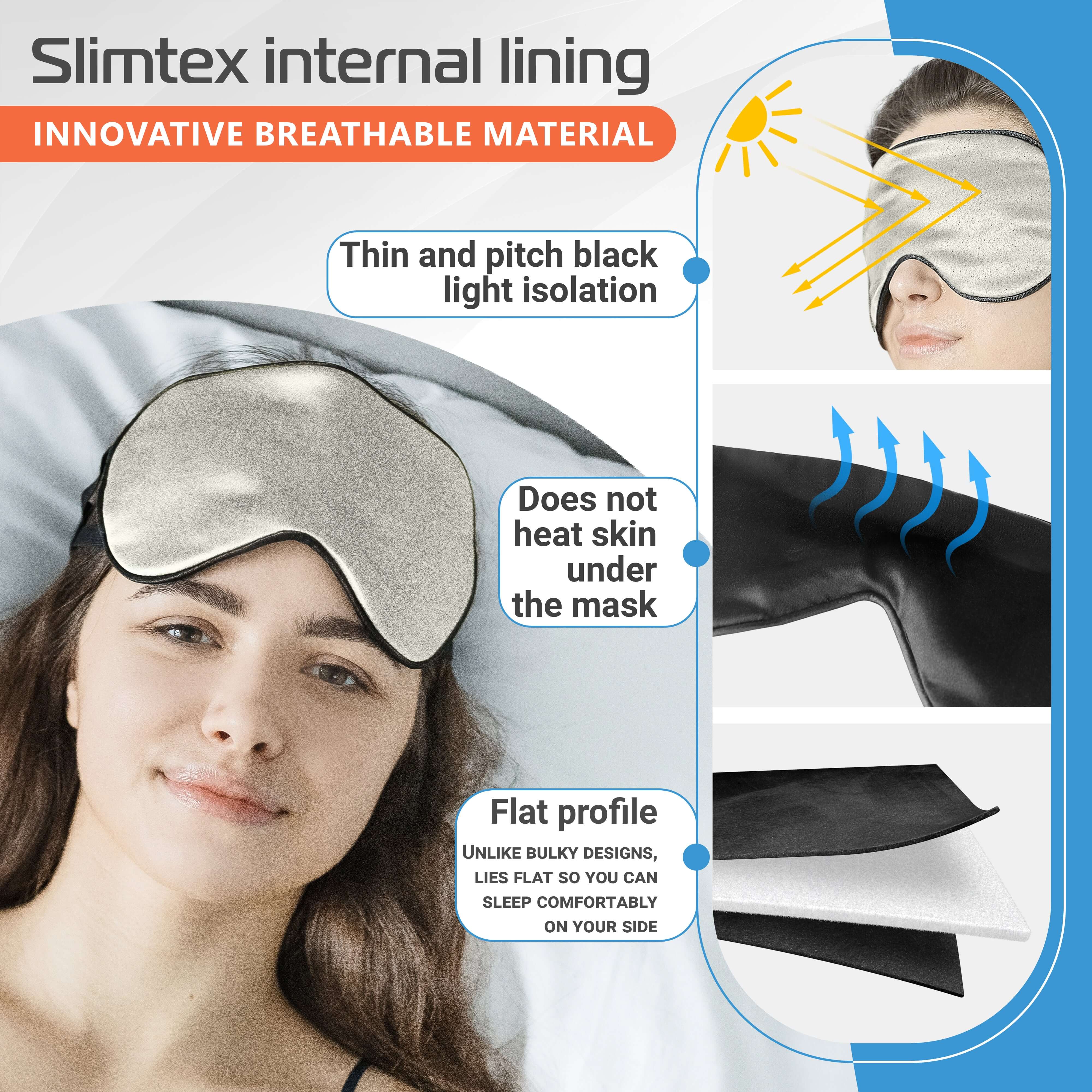 Slimtex silk sleep mask with breathable lining, ensuring light isolation and comfort for restful sleep.