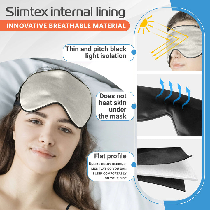Slimtex silk sleep mask with breathable lining, ensuring light isolation and comfort for restful sleep.