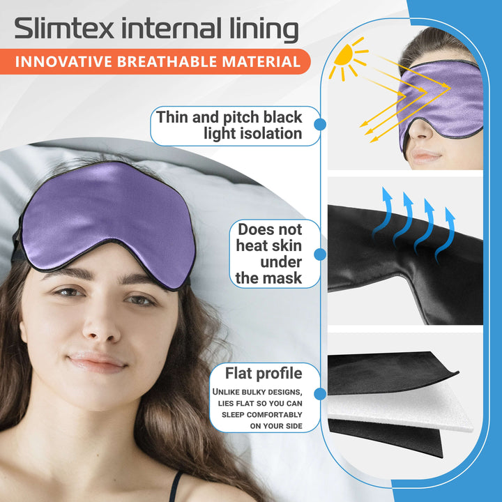 Woman wearing Slimtex breathable sleep mask featuring light isolation and flat profile for comfort.