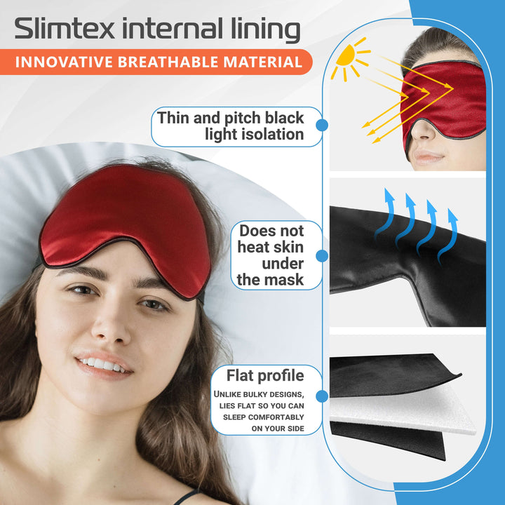 Slimtex breathable silk sleep mask with light isolation and flat profile for comfortable side sleeping.